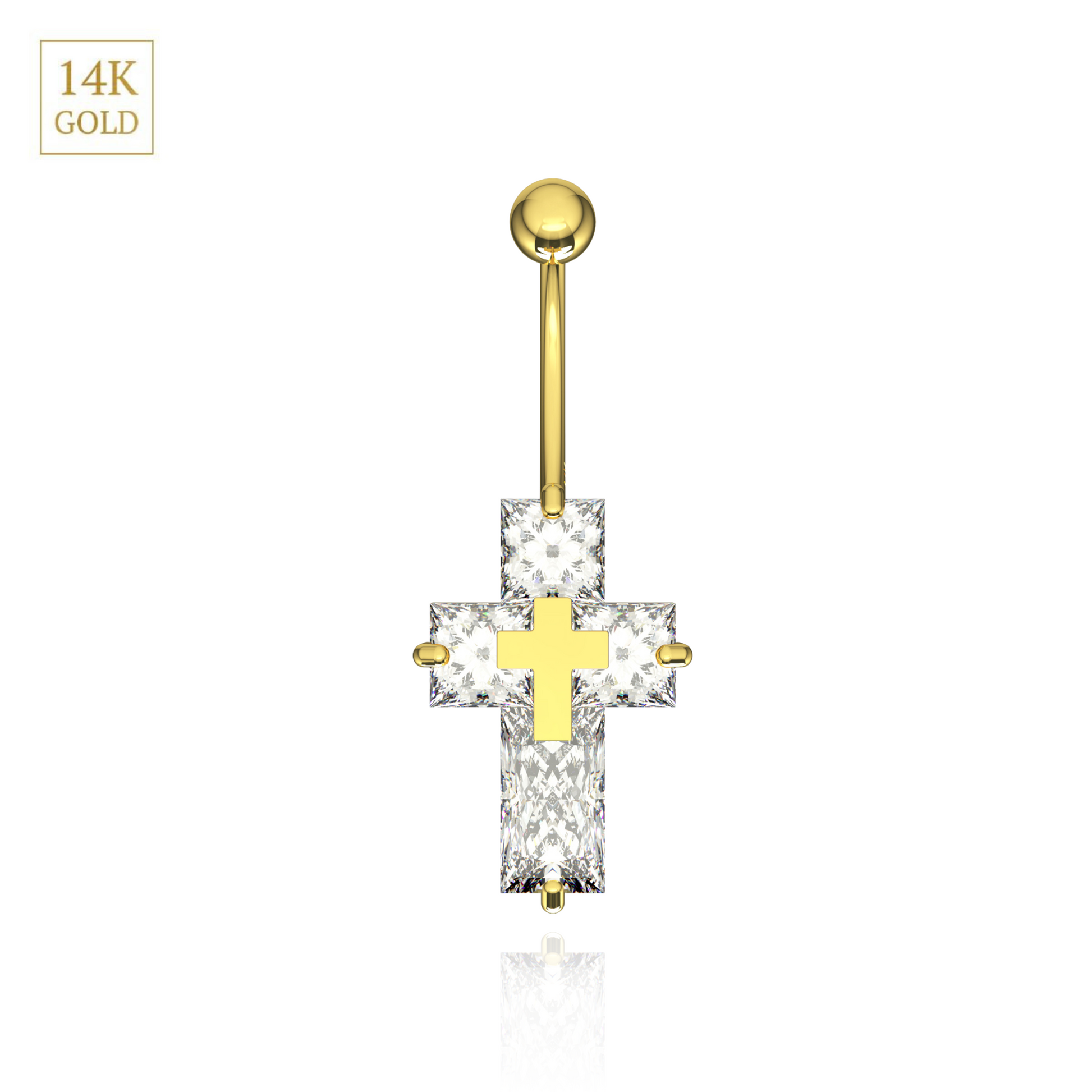14K Gold CZ Jewelled Cross Belly Bar - Monster Piercing