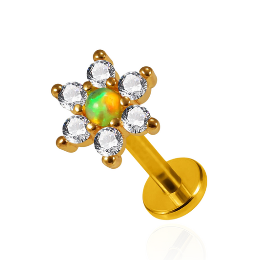 316L Surgical Steel Opal Center Flower Prong Set 6 CZ Cartilage Stud - Monster Piercing