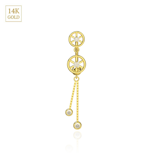14K Gold CZ Jewelled Double Wheeled Danglers Belly Ring - Monster Piercing