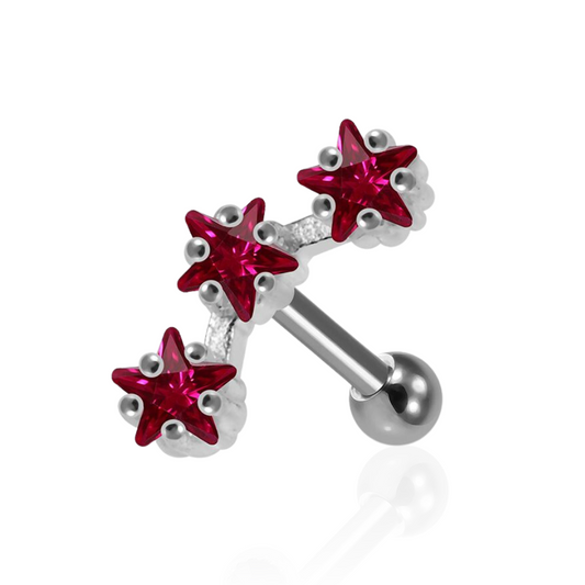 925 Sterling Silver Tri-Star Jewelled Cartilage Ear Stud - Monster Piercing