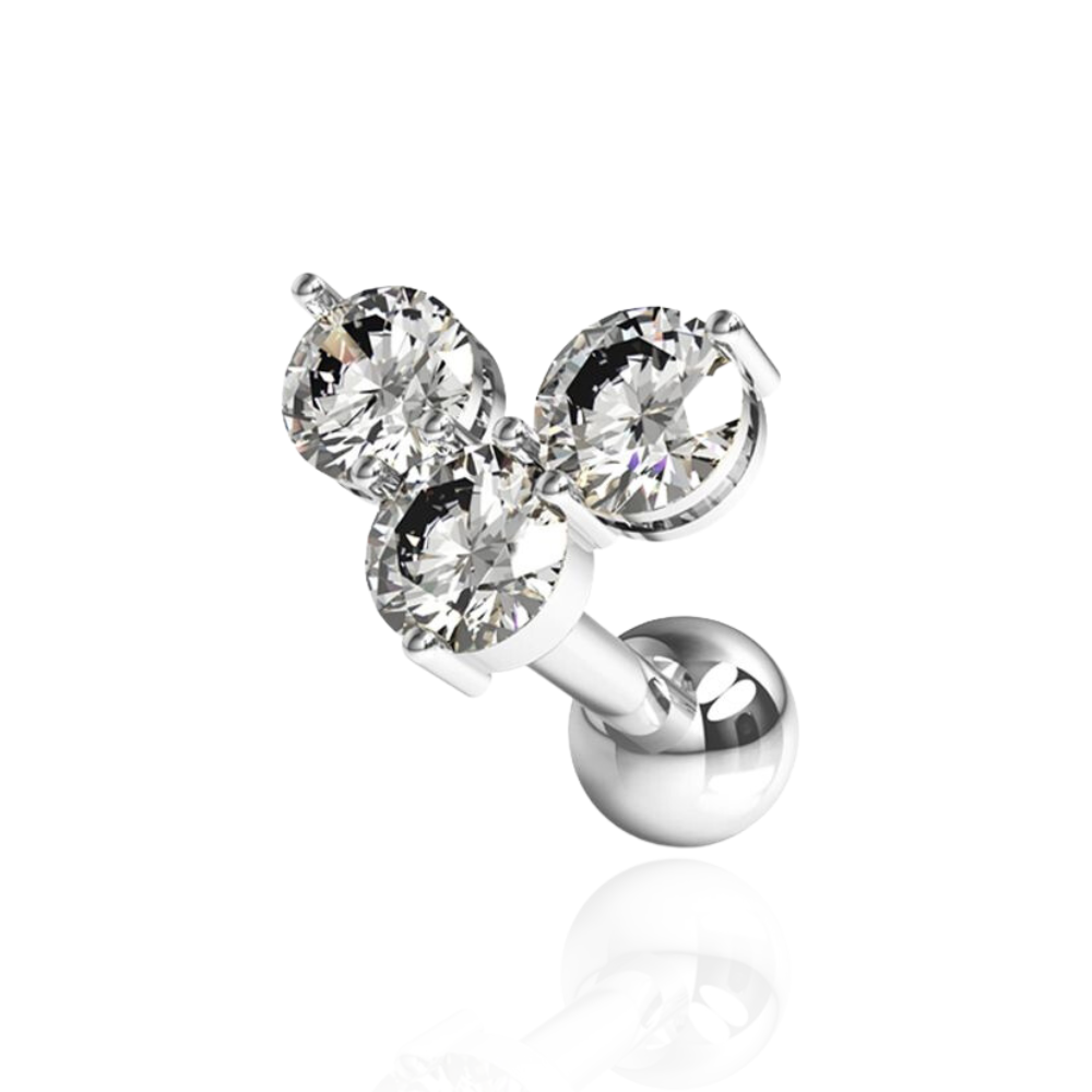 316L Surgical Steel Trinity Round Jewelled Ball Back Cartilage Ear Stud - Monster Piercing