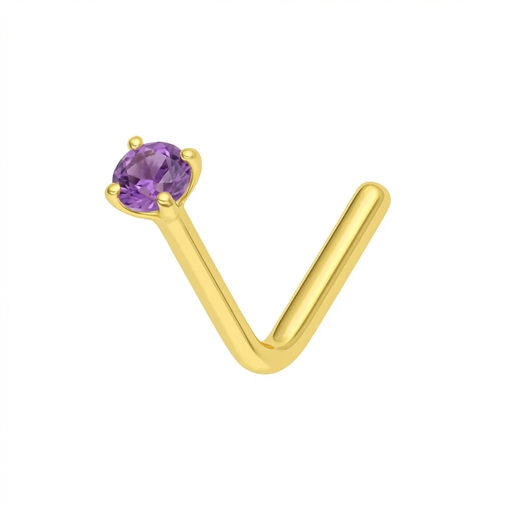 14K Gold Amethyst Natural Stone Claw L-Bend Nose Stud featuring a claw-set round amethyst on a polished L-shaped gold post. Ideal for secure wear.