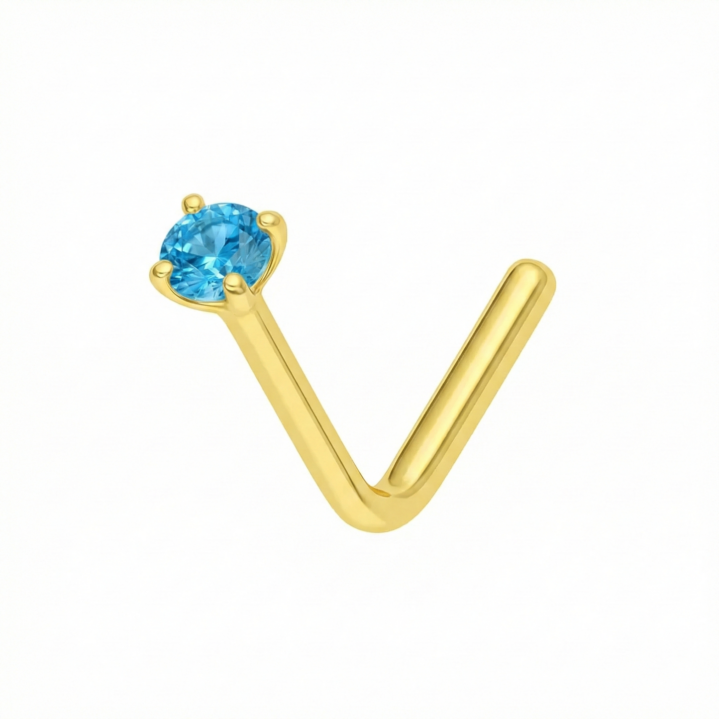 Minimal 9K Gold Blue Topaz Natural Stone L-Bend Nose Stud with claw-set design, showcasing a vibrant blue topaz on a sleek gold L-bend post.