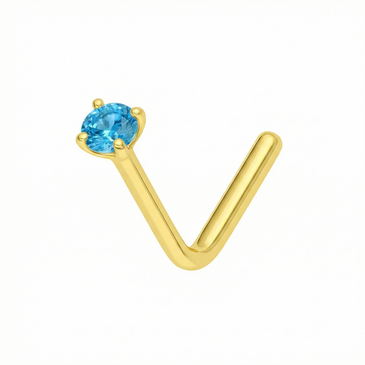 Minimal 9K Gold Blue Topaz Natural Stone L-Bend Nose Stud with claw-set design, showcasing a vibrant blue topaz on a sleek gold L-bend post.