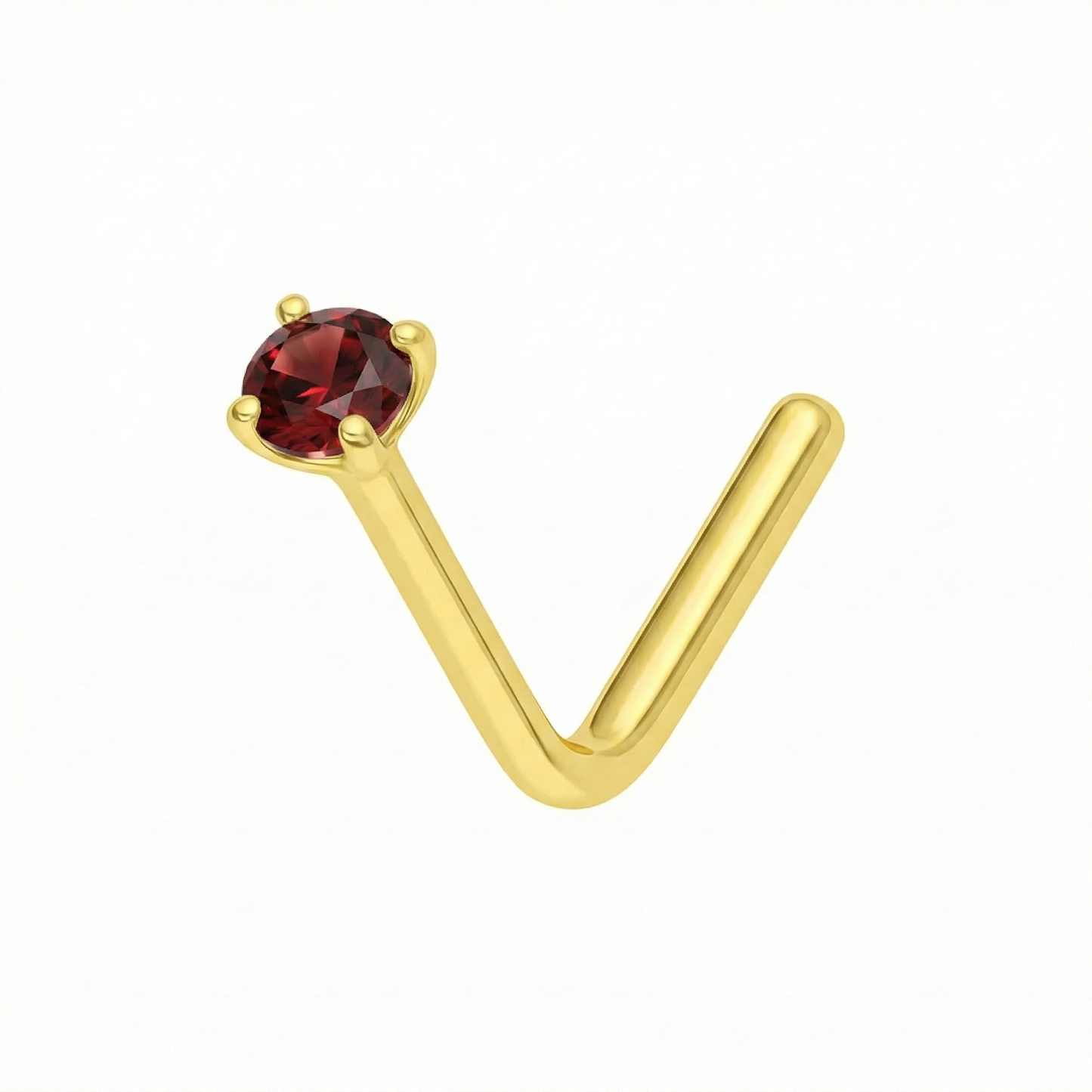 Minimal 14K Gold Garnet Natural Stone L-Bend Nose Stud featuring a claw-set deep red garnet on a polished gold L-shaped post for secure fit.