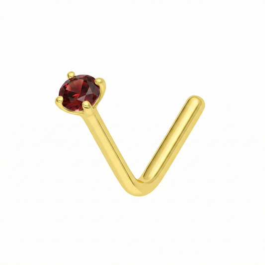 Minimal 14K Gold Garnet Natural Stone L-Bend Nose Stud featuring a claw-set deep red garnet on a polished gold L-shaped post for secure fit.