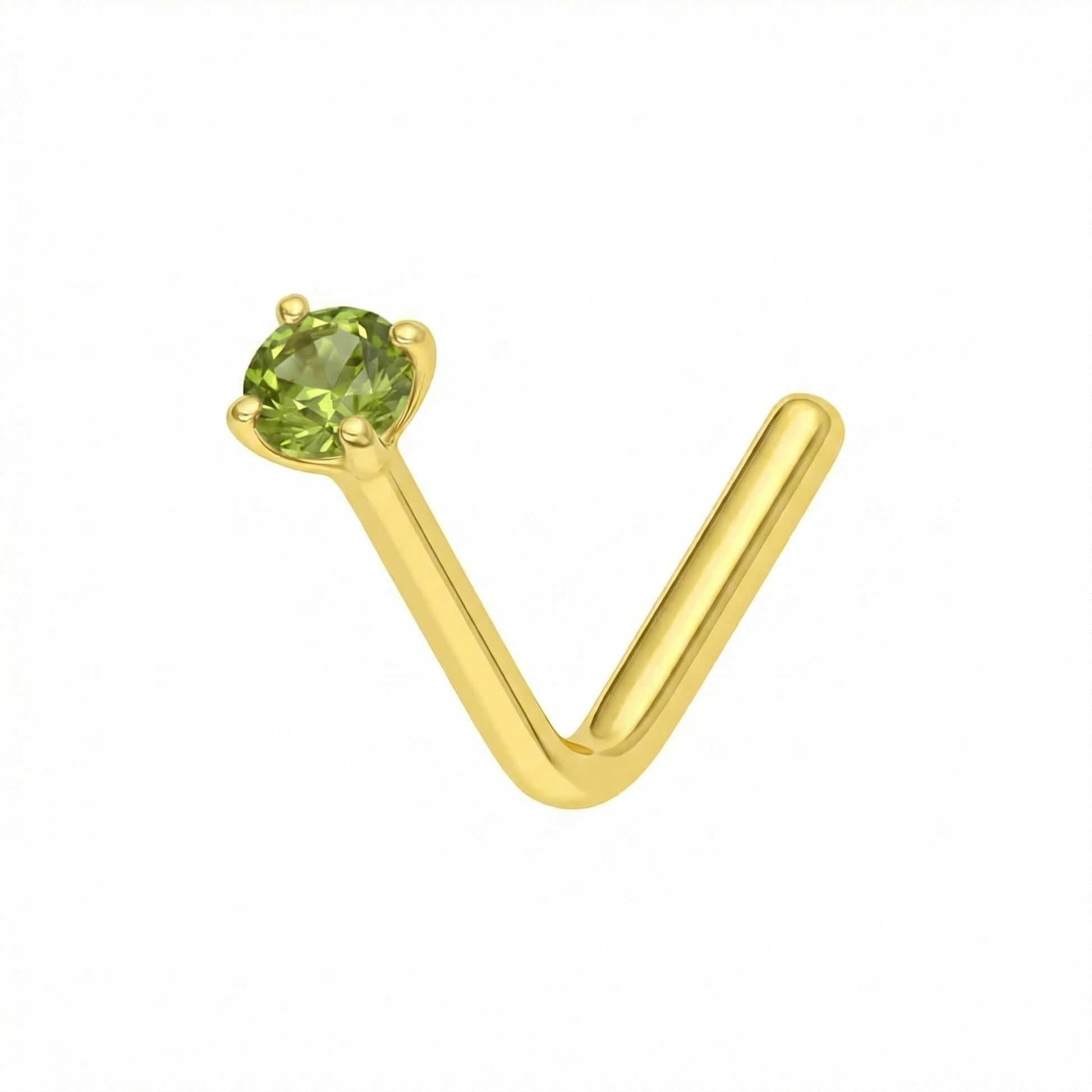 9K Gold Peridot Green Natural Stone L-Bend Nose Stud with claw-set round peridot gem, ideal for secure and stylish nose piercing jewelry.