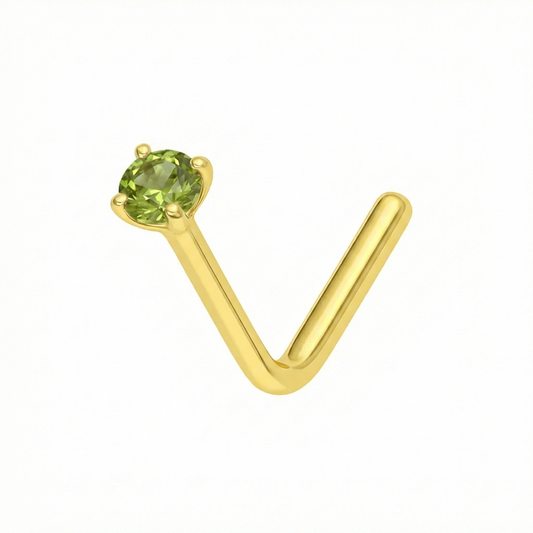 9K Gold Peridot Green Natural Stone L-Bend Nose Stud with claw-set round peridot gem, ideal for secure and stylish nose piercing jewelry.