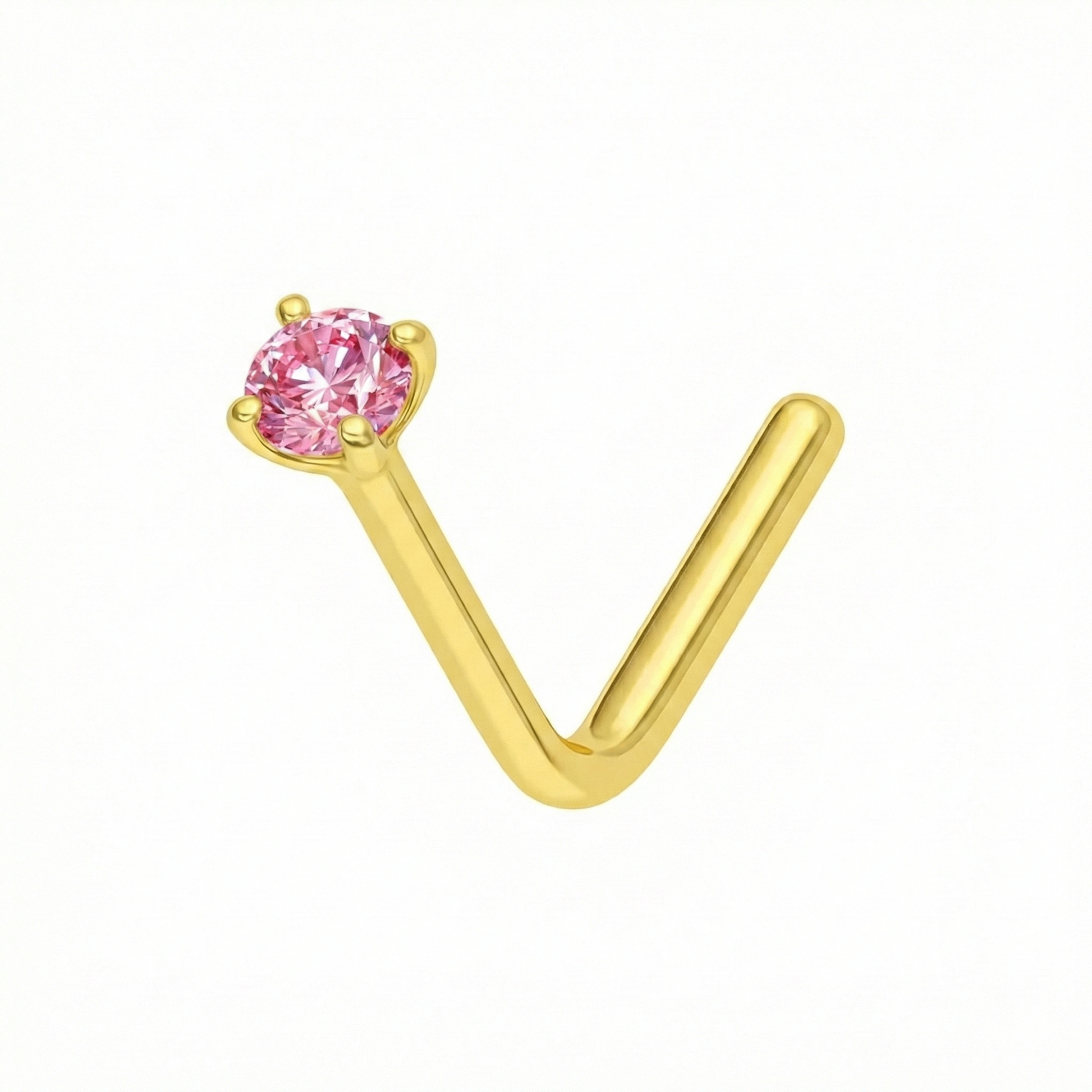 9K Gold Amethyst Natural Stone L-Bend Nose Stud with claw-set pink amethyst in a polished gold finish, ideal for secure and stylish wear.