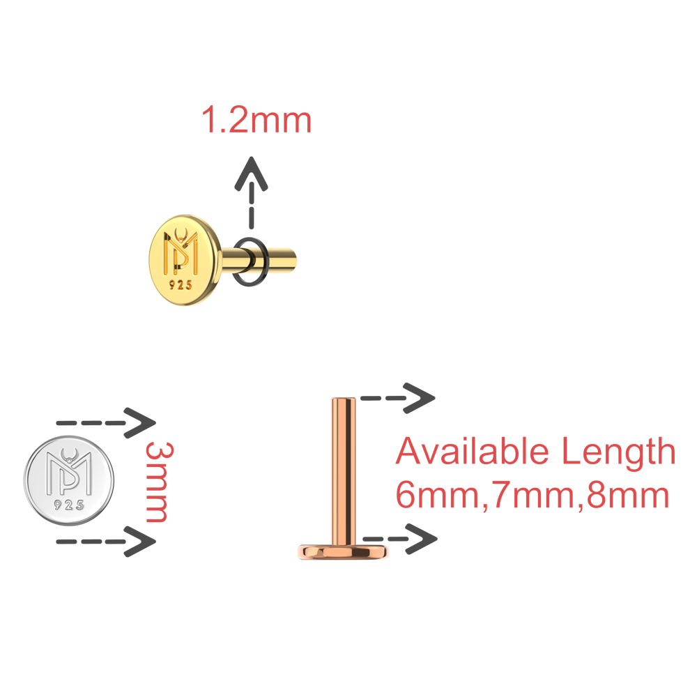 925 Sterling Silver Internally Threaded Flat Back Labret Bar - Monster Piercing
