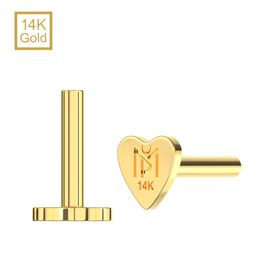 14K Gold Internal Thread Heart Back Labret Bar - Monster Piercing