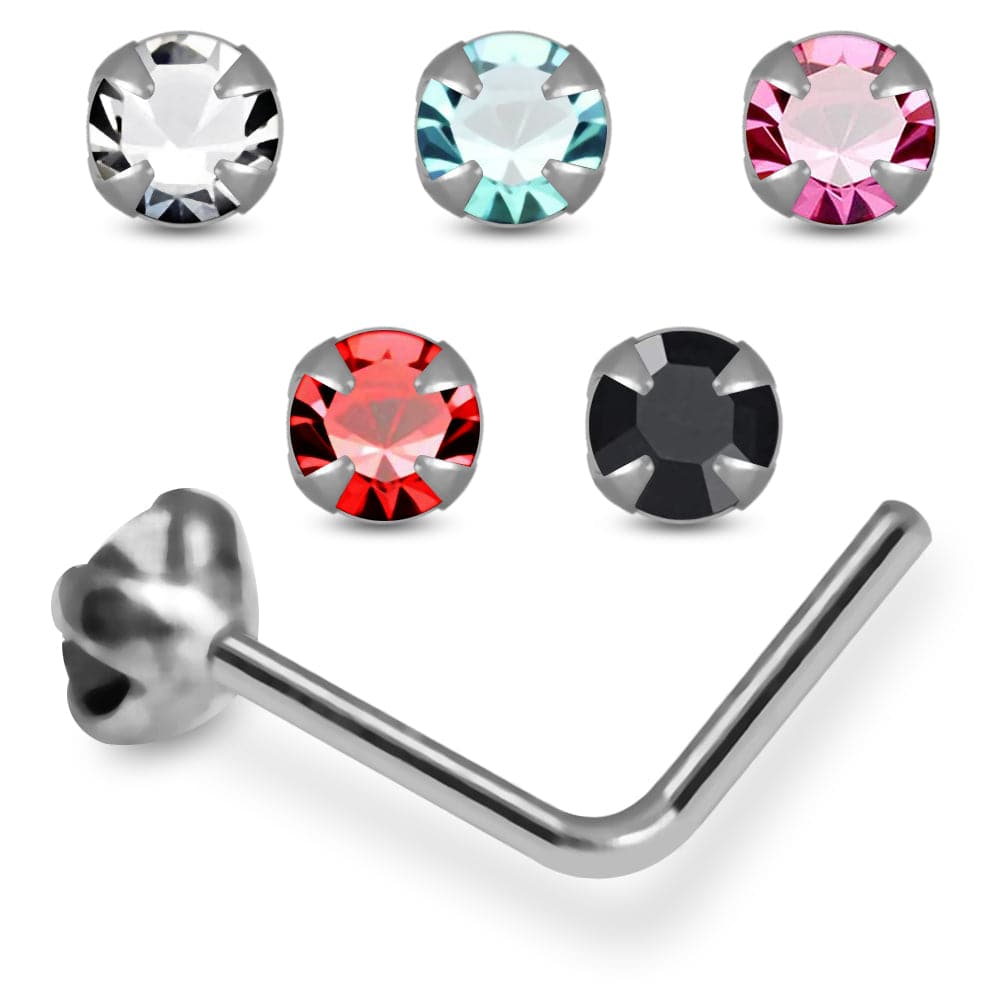 925 Sterling Silver 5pcs 2mm CZ Jewelled L-Bend Nose Stud Box - Monster Piercing