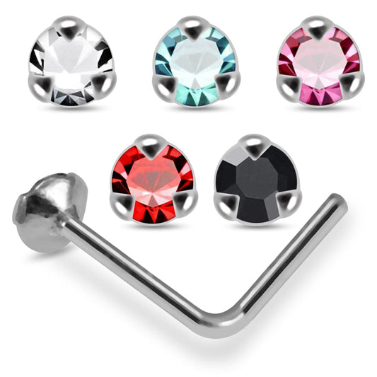 925 Sterling Silver 5pcs 1.5mm CZ Jewelled L-Bend Nose Stud Box - Monster Piercing