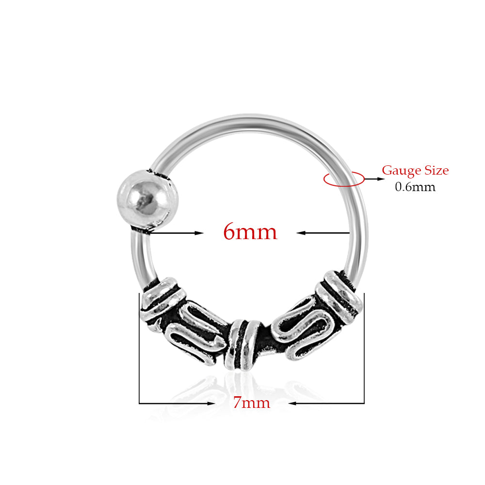 925 Sterling Silver Bali Style Oxidised Center Beaded Tribal Twist Open Nose Ring 6mm 6mm 8mm