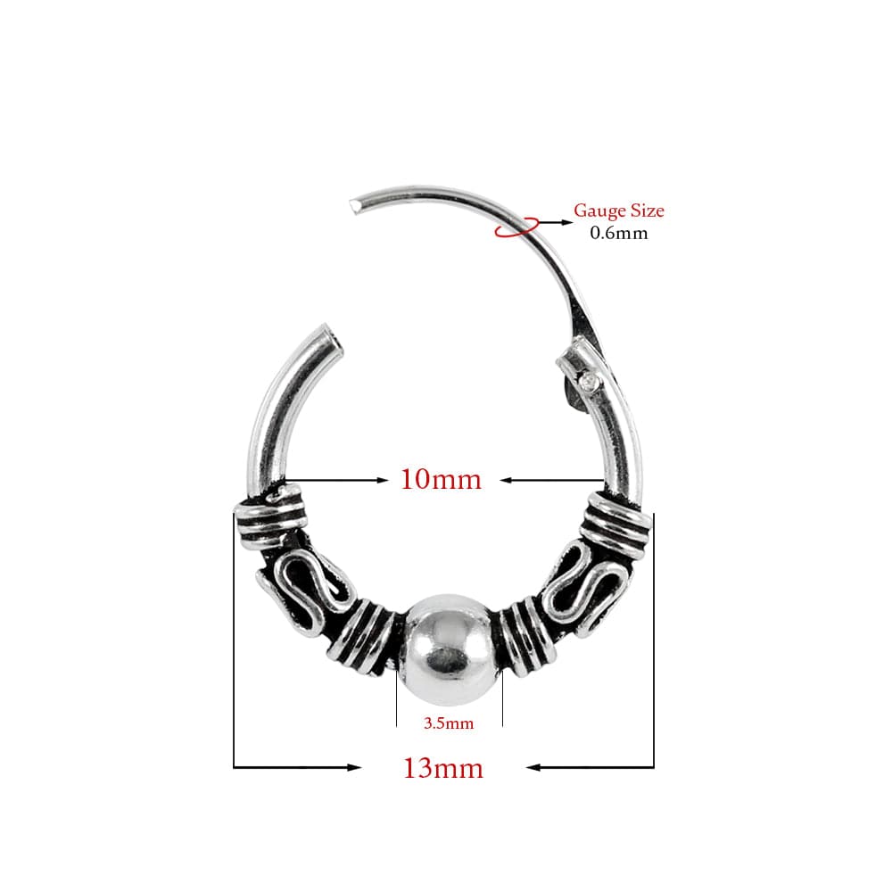 925 Sterling Silver Bali Style Oxidised Center Beaded Tribal Hinged Segment Nose Ring 8mm 8mm 10mm