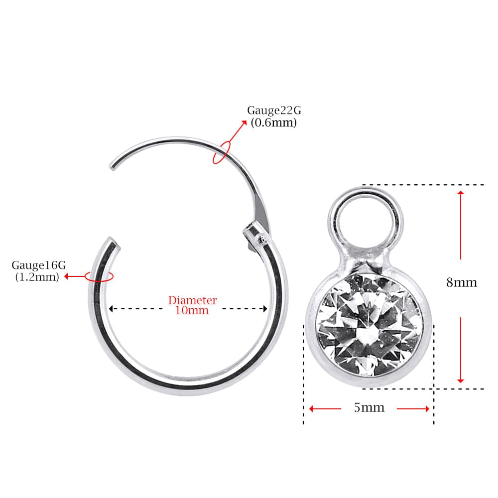 Detailed size chart of 925 sterling silver round CZ dangling fashion hoop earring showing 10mm hoop diameter and 8mm charm length.