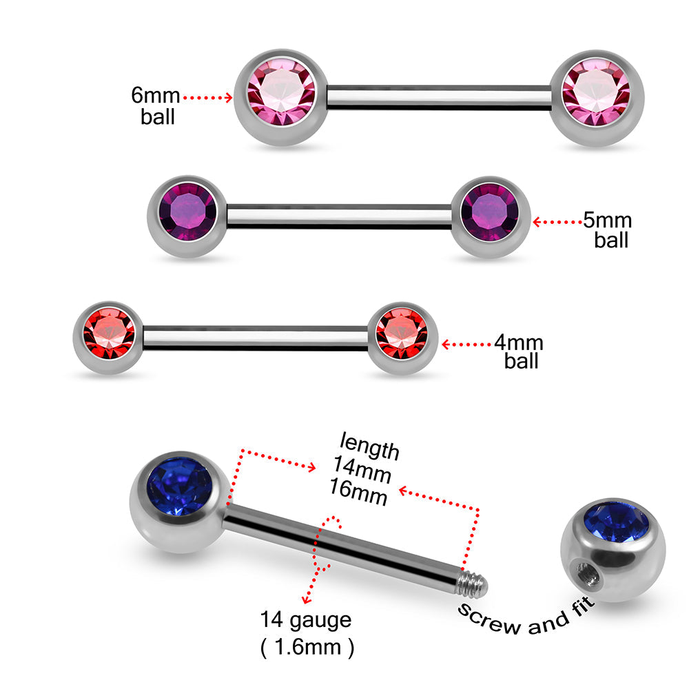 316L Surgical Steel Nipple Bar with Cubic Zirconia Jewelled Ball - Monster Piercing