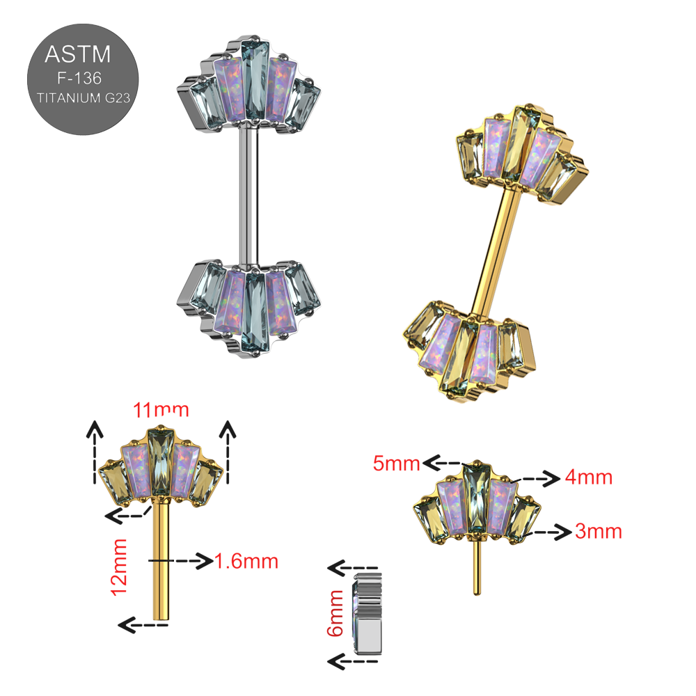 G23 Titanium CZ & Opal Jewelled Baguette Threadless Nipple Bar - Monster Piercing