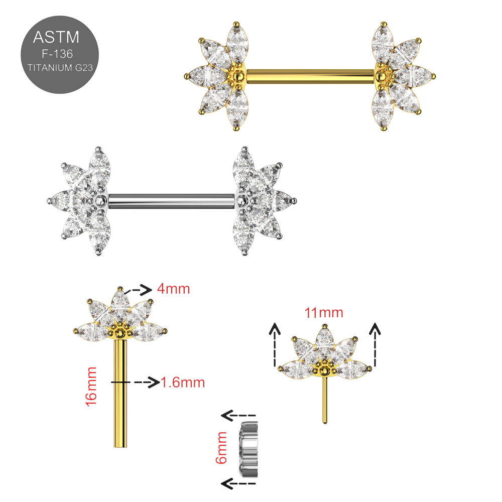 G23 Titanium Marquise CZ Jewelled Fan Threadless Push In Nipple Bar - Monster Piercing