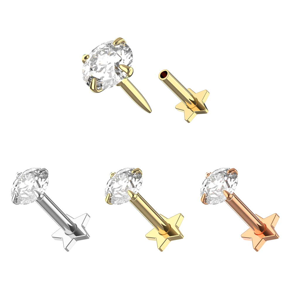 925 Sterling Silver Round CZ Jewelled Thread-less Push-Fit With Star Flat-Back - Monster Piercing