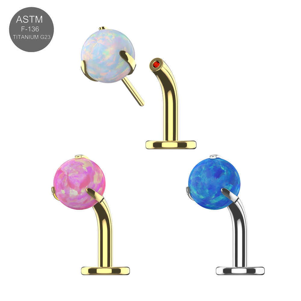 Set of G23 Titanium Opal Ball Jewelled Threadless Floating Belly Rings in pink, white, and blue opals with gold and silver titanium bases.