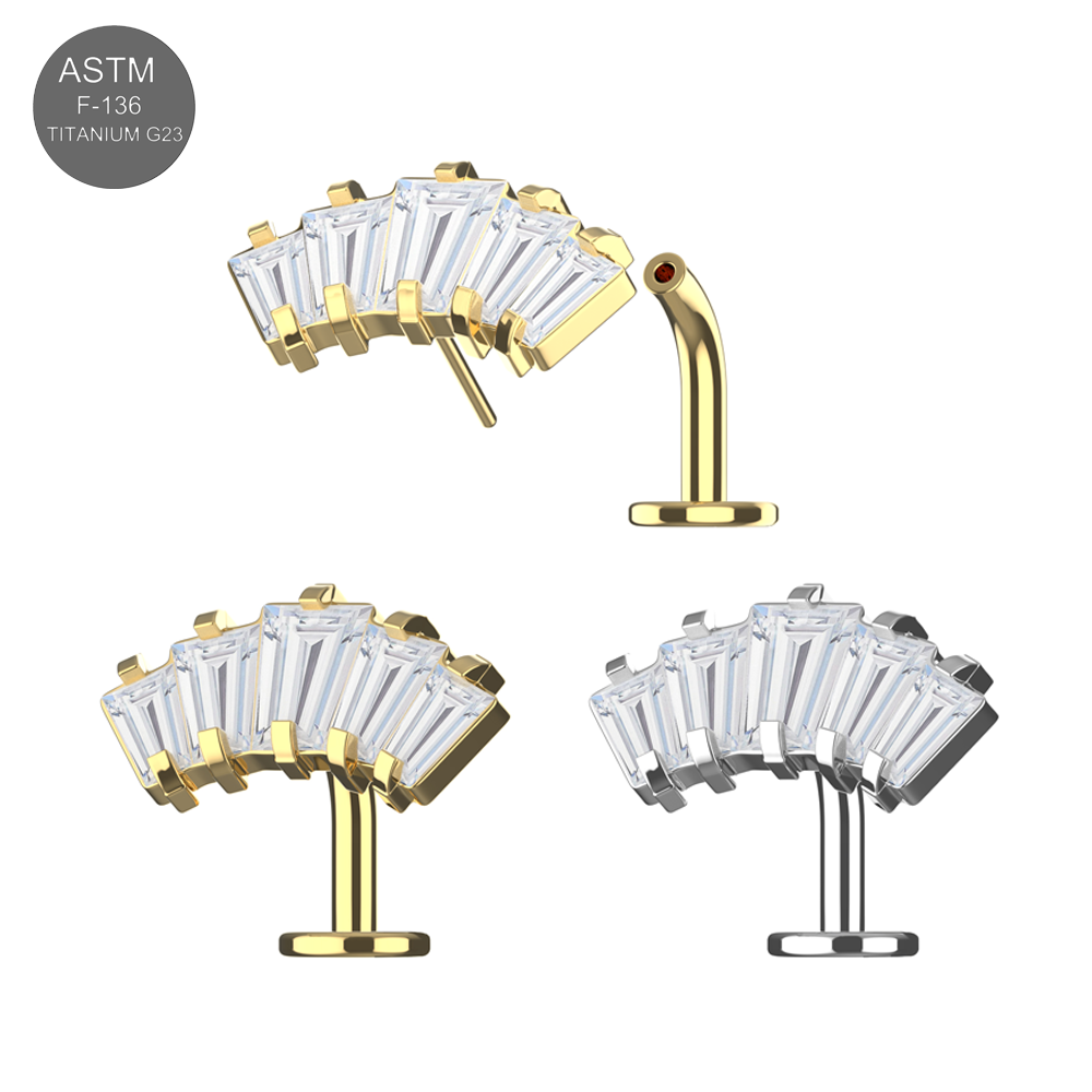 G23 Titanium Crown Shape CZ Jewelled Threadless Floating Belly Ring shown in gold and silver variants, highlighting its curved threadless post.