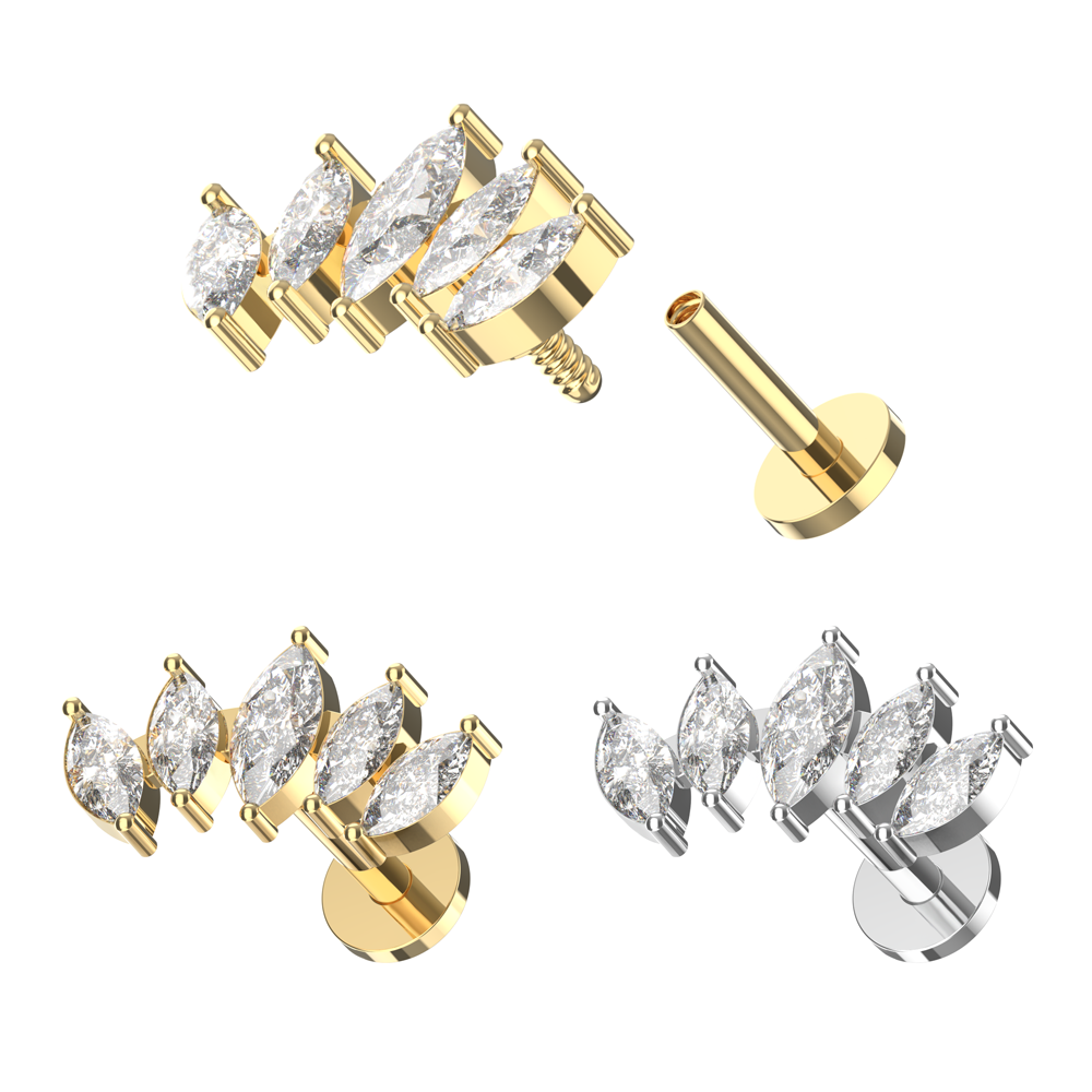 316L Surgical Steel Marquise CZ Jewelled Internally Threaded Flatback Stud - Monster Piercing