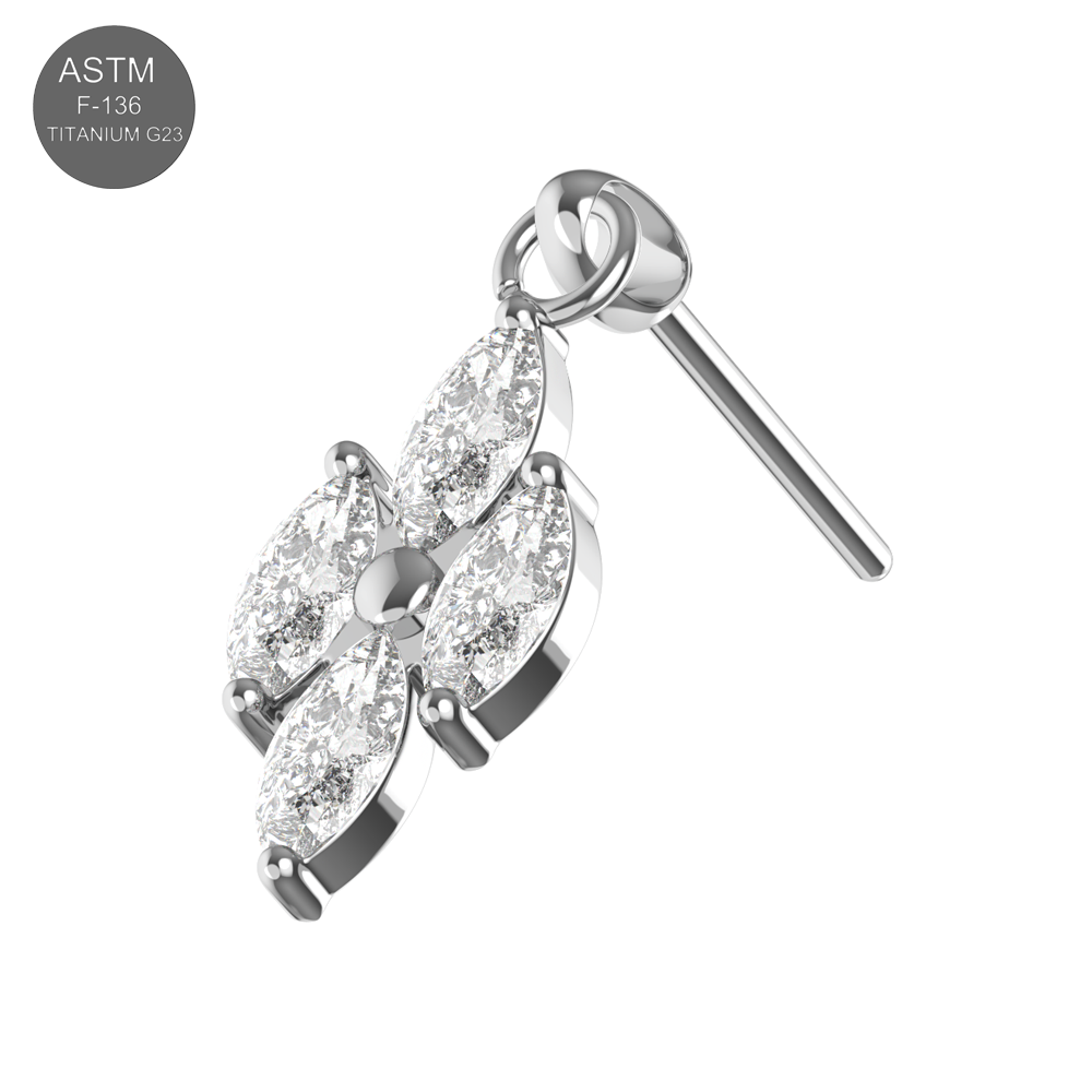 G23 Titanium 4 CZ Marquise Jewelled Hanging Threadless Pin Top - Monster Piercing
