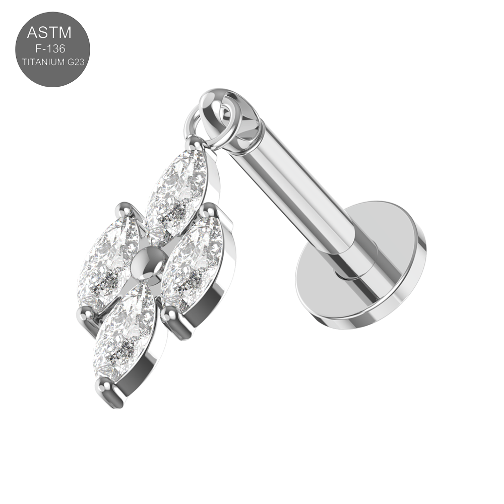 G23 Titanium 4 CZ Marquise Jewelled Thread-less Push-Fit With Flatback Stud - Monster Piercing