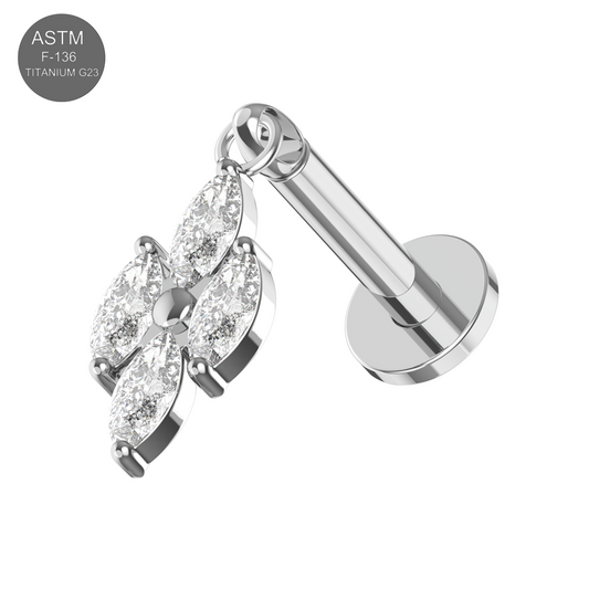 G23 Titanium 4 CZ Marquise Jewelled Thread-less Push-Fit With Flatback Stud - Monster Piercing