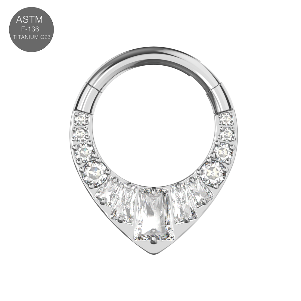 G23 Titanium Teardrop Cubic Zirconia Studded Flat Hinged Segment Clicker Ring - Monster Piercing