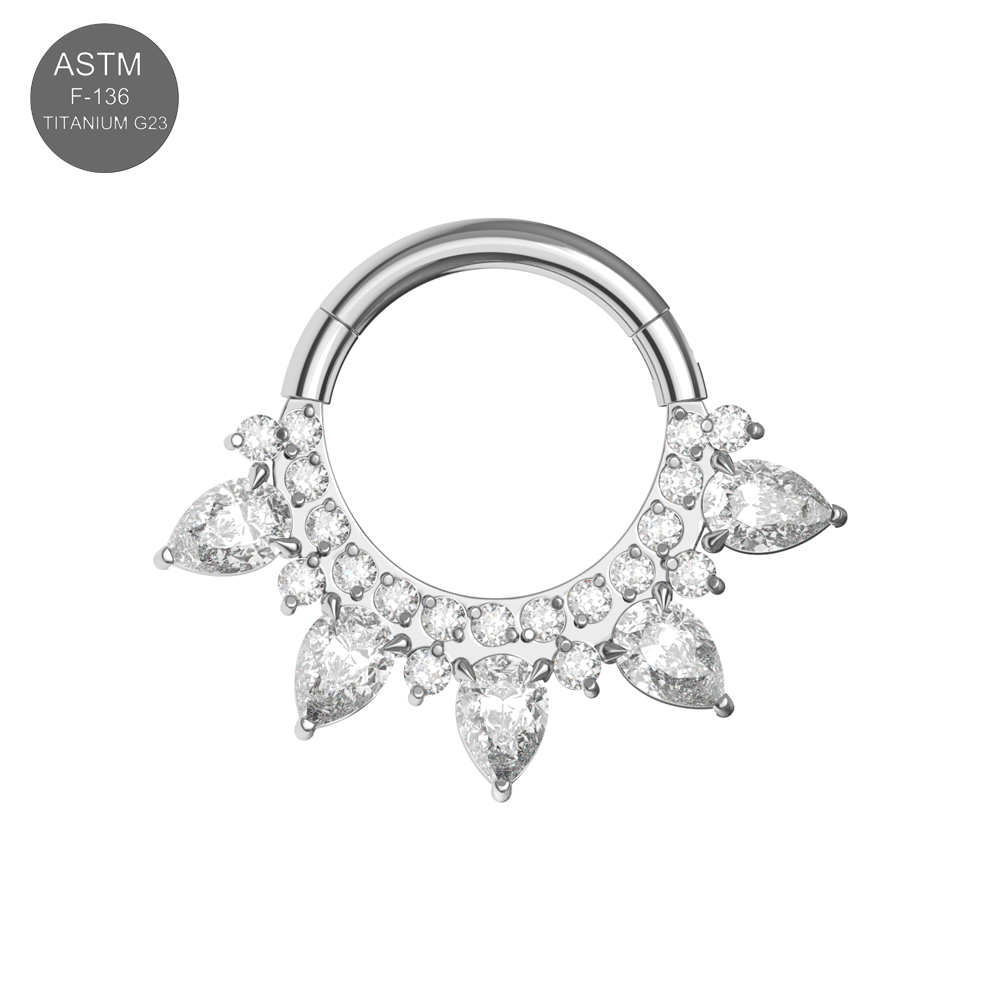 G23 Titanium Cubic Zirconia Studded Marquise Tiara Hinged Segment Clicker Ring - Monster Piercing