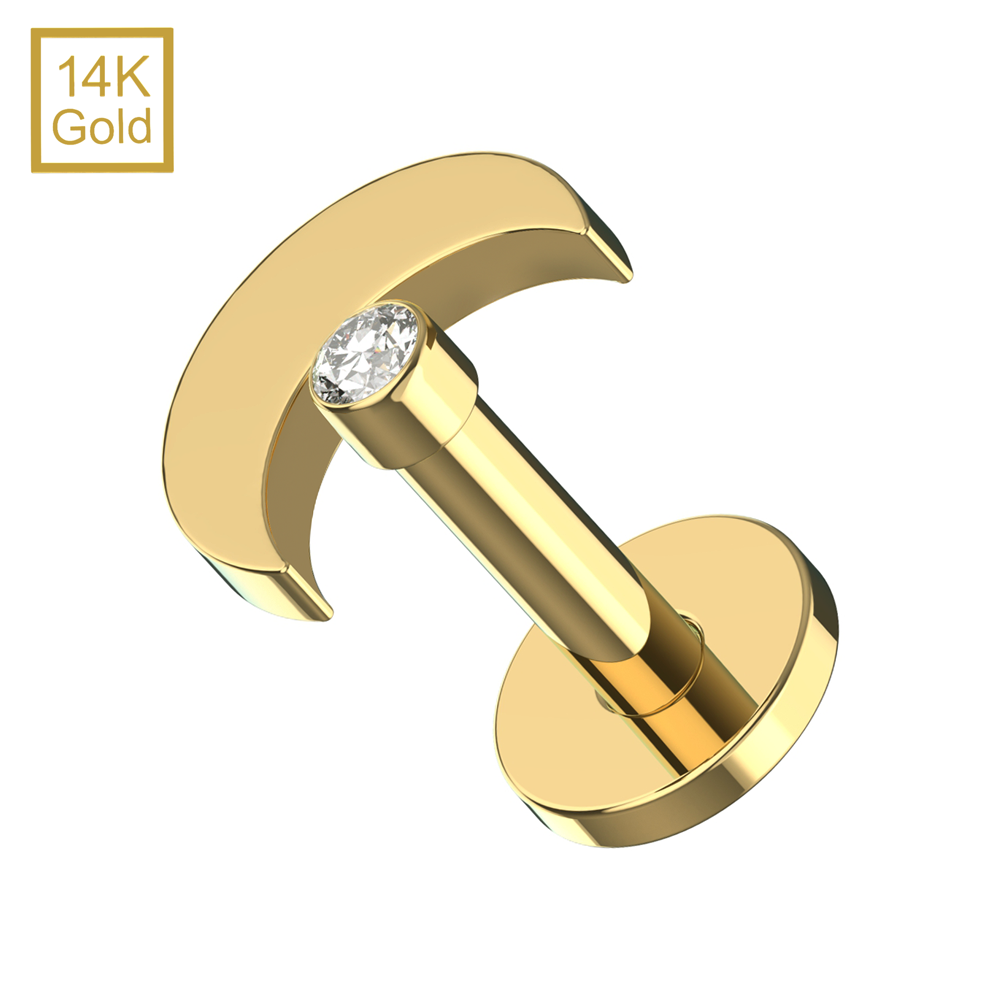 14K Gold Cubic Zirconia Jewelled Crescent Top With Internal Thread Base Labret - Monster Piercing