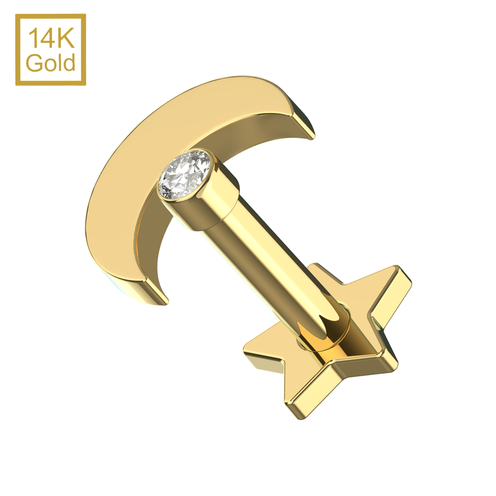 14K Gold Cubic Zirconia Jewelled Crescent Top With Internal Thread Base Labret - Monster Piercing