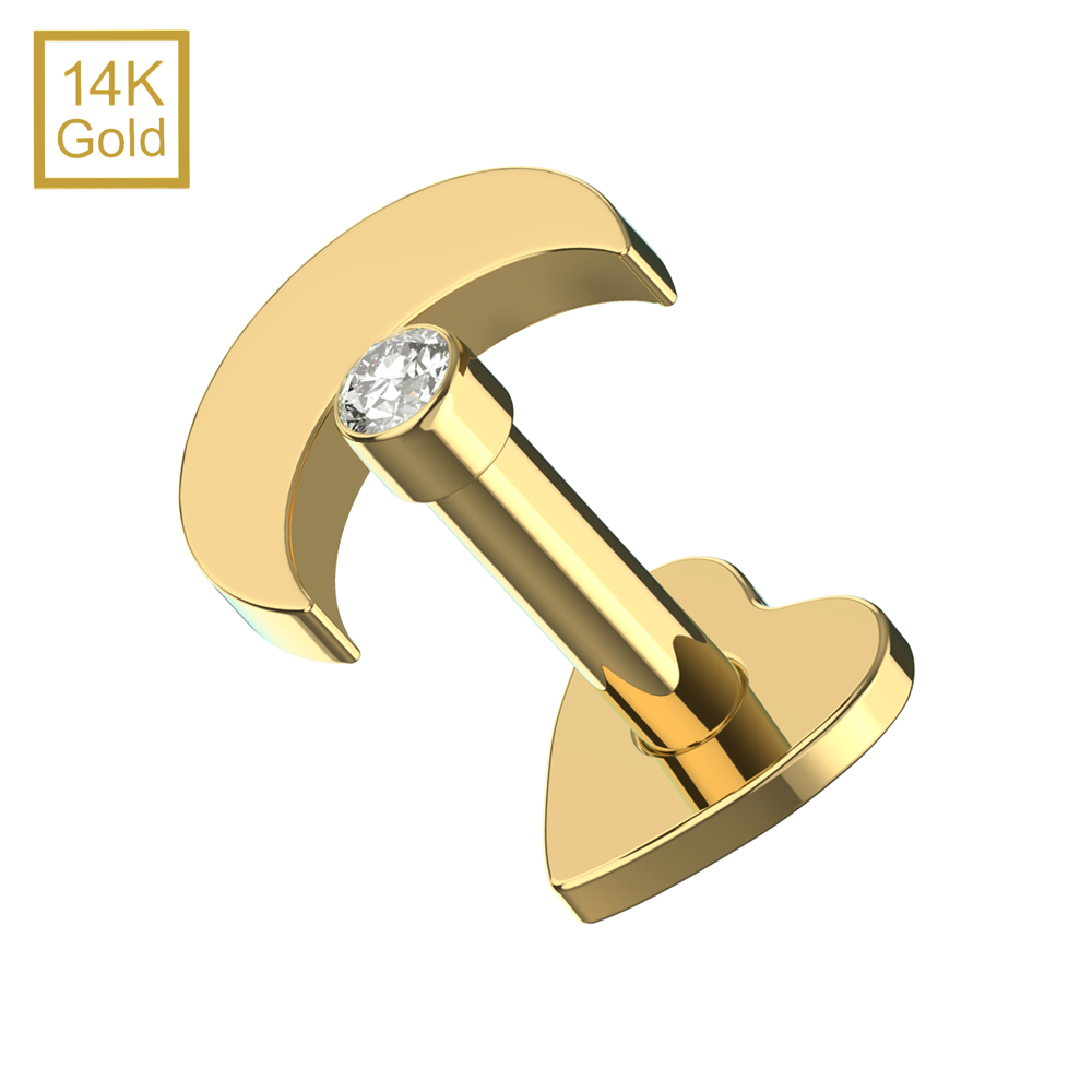 14K Gold Cubic Zirconia Jewelled Crescent Top With Internal Thread Base Labret - Monster Piercing