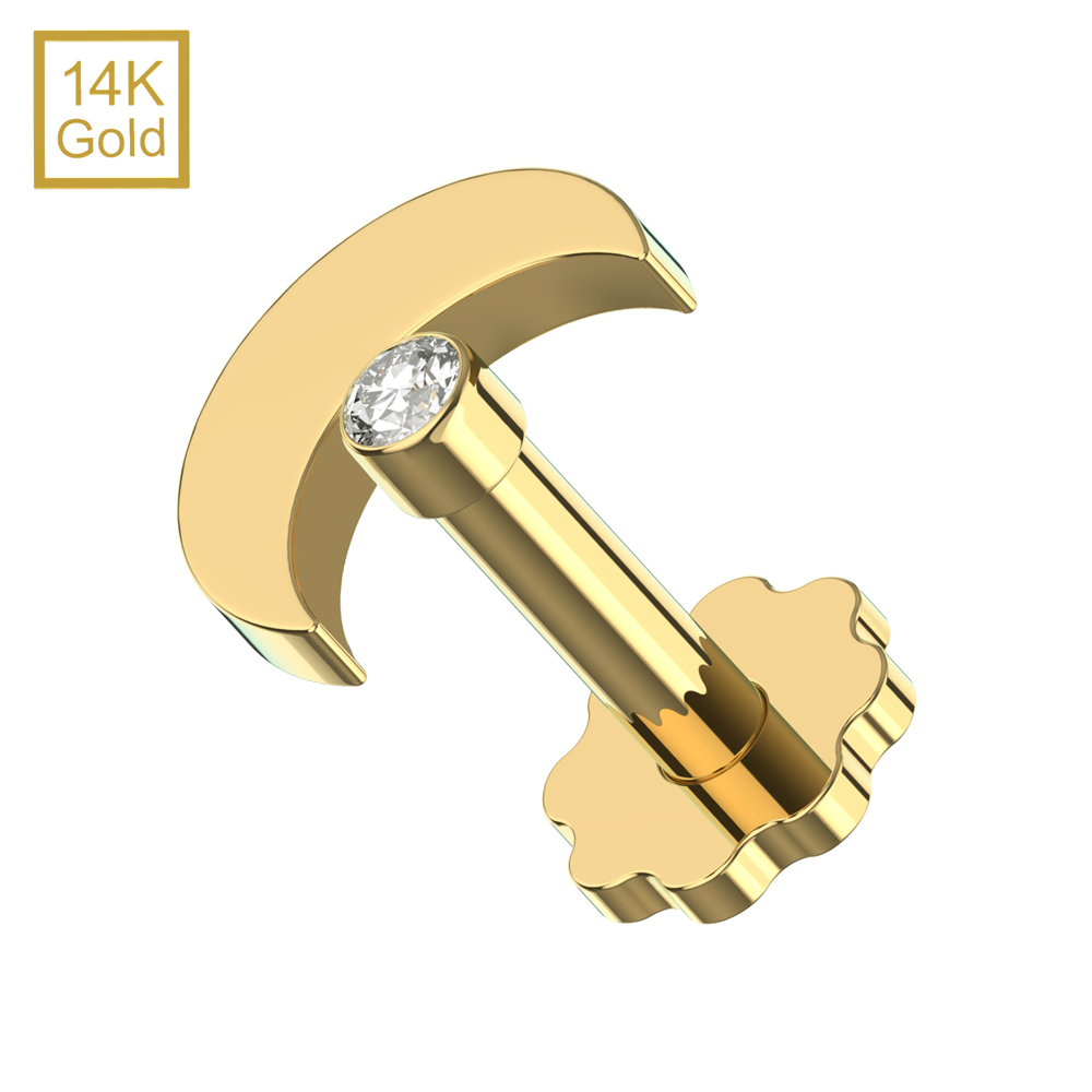 14K Gold Cubic Zirconia Jewelled Crescent Top With Internal Thread Base Labret - Monster Piercing