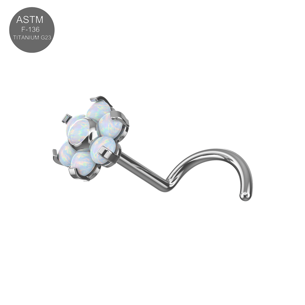 G23 titanium opal flower threadless nose screw with white opal stones, crafted for comfort and durability in high-end nose piercings.