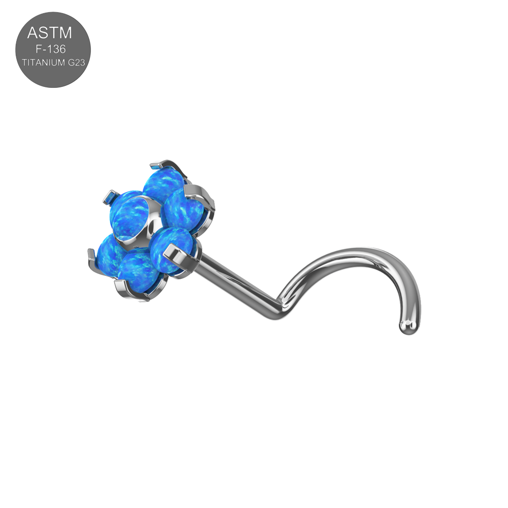 Blue opal G23 titanium flower threadless nose screw featuring a curved post, perfect for secure and fashionable nose jewelry.