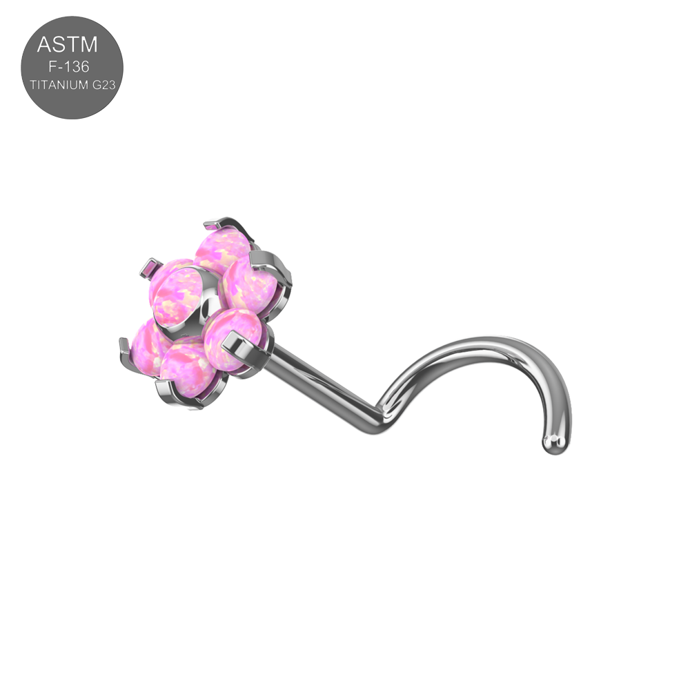 G23 titanium opal flower threadless nose screw with pink opal petals and curved post, ideal for hypoallergenic nose piercings.