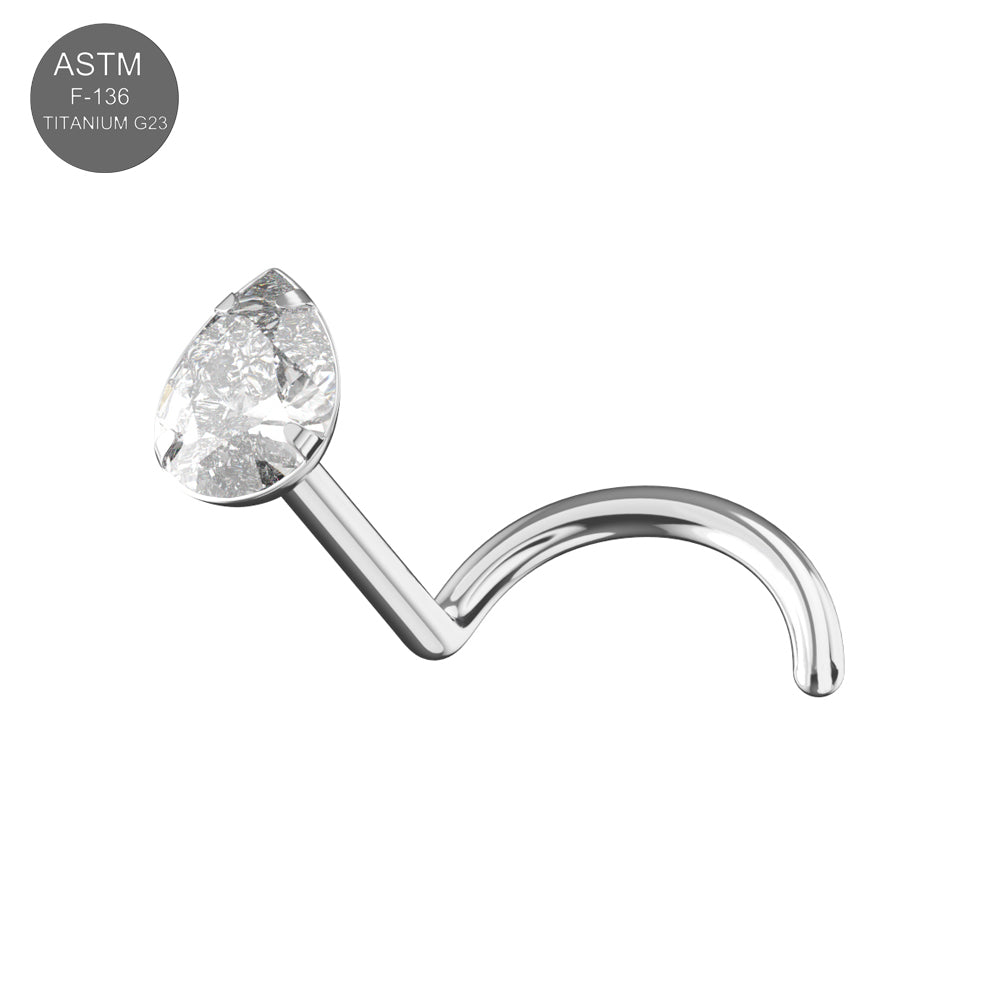 G23 Titanium Teardrop CZ Jewelled Threadless Nose Screw in silver with a sparkling cubic zirconia stone, ideal for secure and stylish nose piercing.