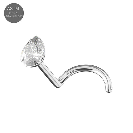 G23 Titanium Teardrop CZ Jewelled Threadless Nose Screw in silver with a sparkling cubic zirconia stone, ideal for secure and stylish nose piercing.