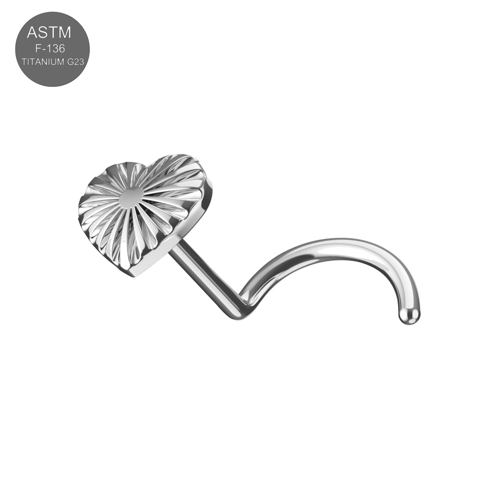 Silver G23 Titanium Radiant Heart Threadless Nose Screw with detailed radiant heart design, perfect for sensitive skin and luxury piercing.