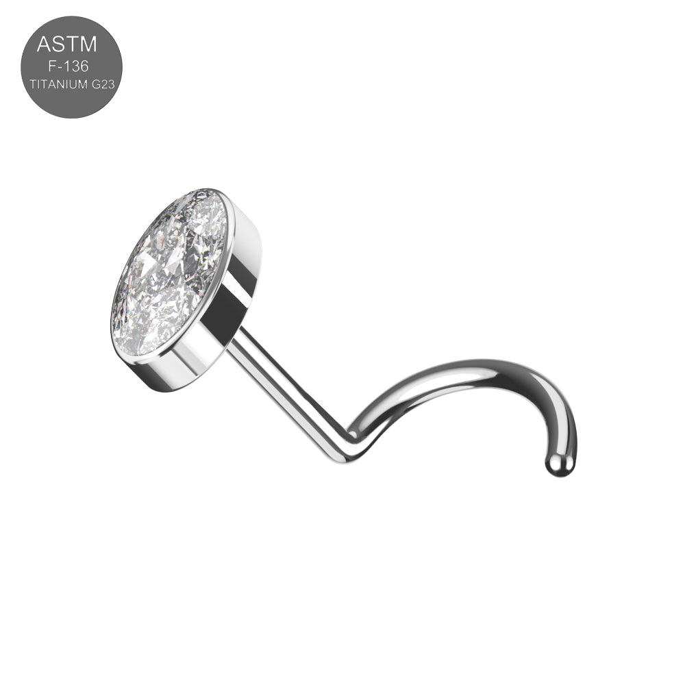 G23 Titanium Oval CZ Jewelled Threadless Nose Screw in silver with a sparkling cubic zirconia gem, ideal for hypoallergenic nose piercings.