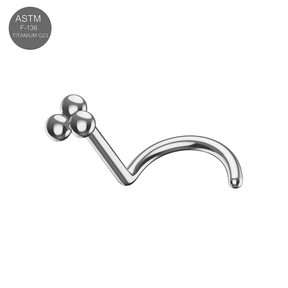 G23 Titanium Tri Ball Threadless Nose Screw in sleek silver tone, crafted for comfort and durability in nose jewelry care.