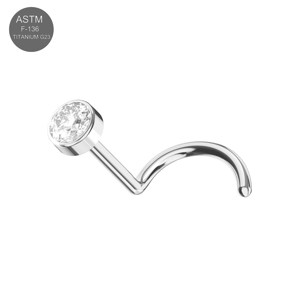 G23 titanium round CZ jewelled threadless nose screw in silver with a clear cubic zirconia gem, ideal for hypoallergenic nose piercings.