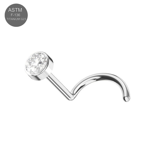 G23 titanium round CZ jewelled threadless nose screw in silver with a clear cubic zirconia gem, ideal for hypoallergenic nose piercings.