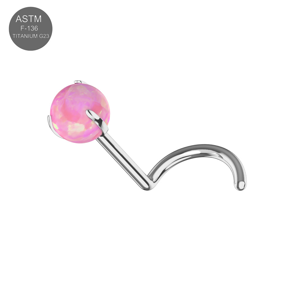 G23 Titanium Opal Ball Threadless Nose Screw with pink opal gem and silver finish. Hypoallergenic and elegant for nose piercings.