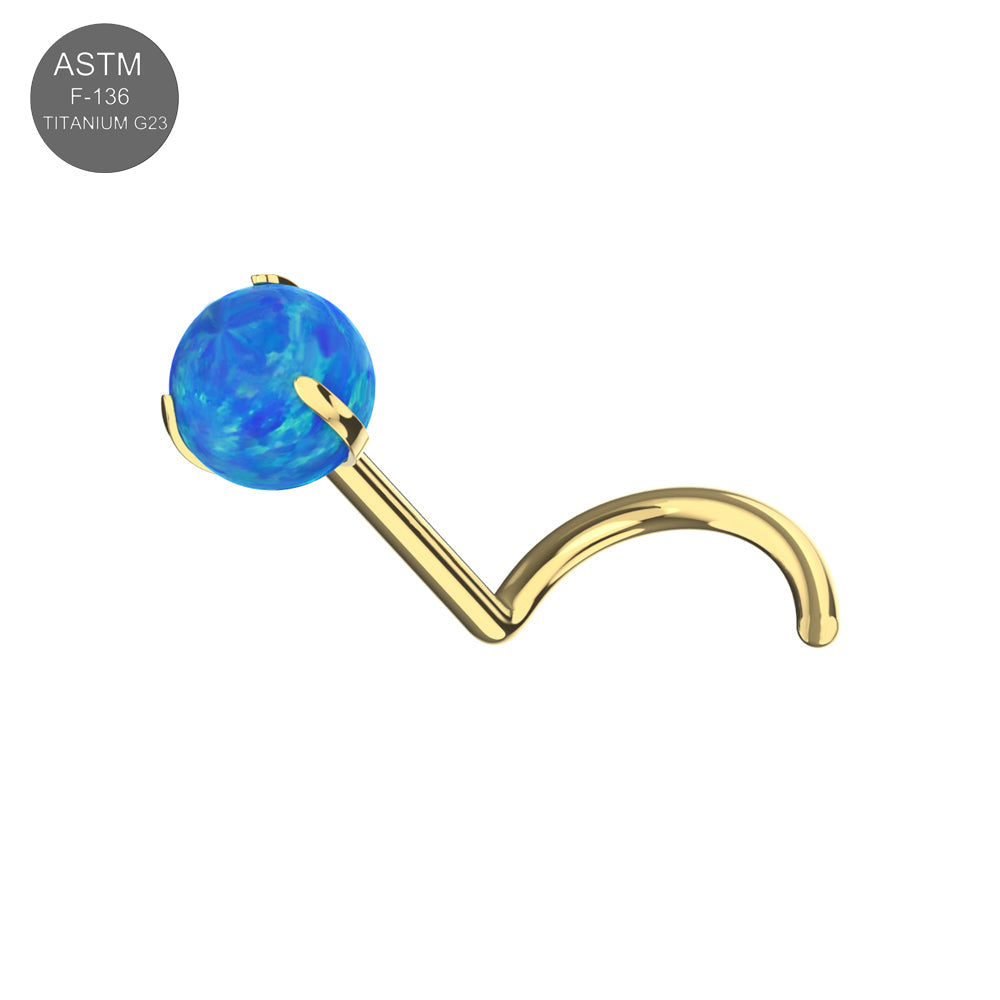 G23 Titanium Opal Ball Threadless Nose Screw featuring a blue opal gem and gold finish. Ideal for stylish, safe nose jewelry.