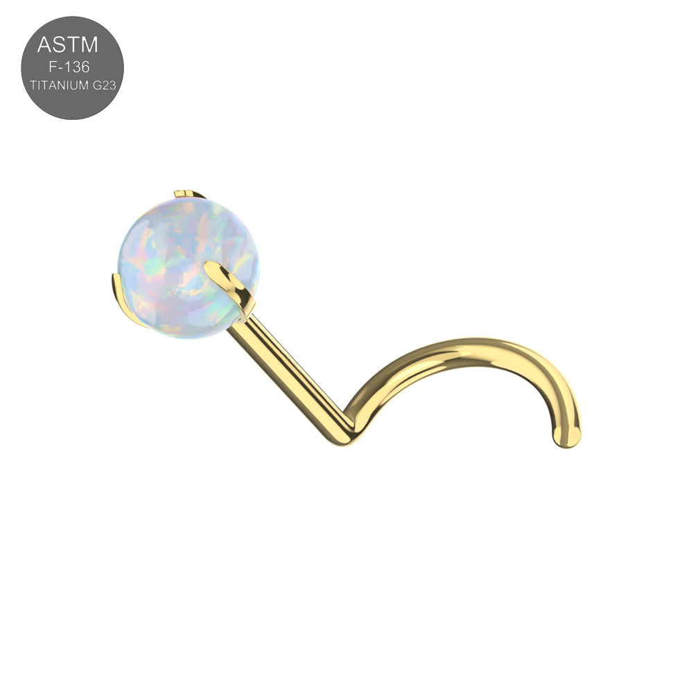 G23 Titanium Opal Ball Threadless Nose Screw with white opal gem and gold finish. Premium hypoallergenic nose stud for daily wear.