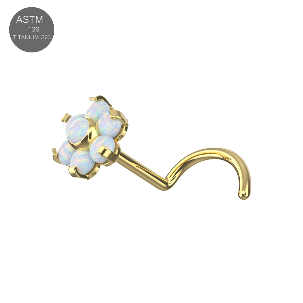 Gold-tone G23 titanium opal flower threadless nose screw with white opals, combining luxury and hypoallergenic design for nose piercings.